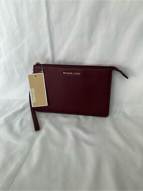 Michael Kors Merlot Pebbled Leather Wristlet with Gold Logo